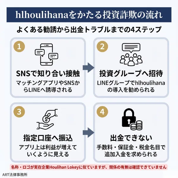 hlhoulihanaをかたる投資詐欺の手口(SNS・マッチングアプリ→LINEグループ→指定口座へ振込→出金時に手数料・保証金を要求)の流れを示す図
