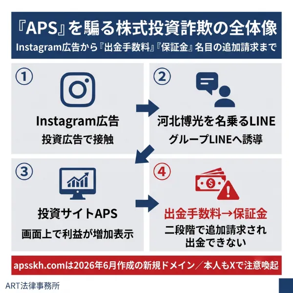 「APS（エーピーエス）」を騙る株式投資詐欺の全体像のインフォグラフィック