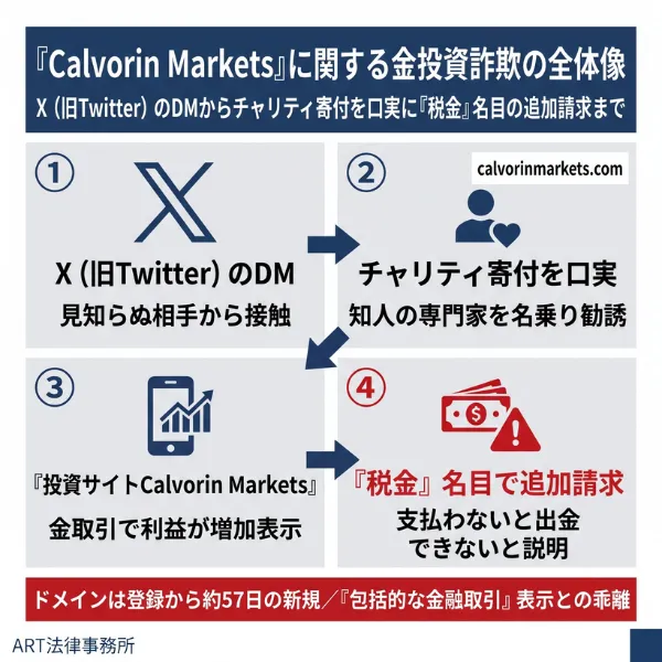 「Calvorin Markets（カルボリン マーケッツ）」に関する金投資詐欺の全体像のインフォグラフィック
