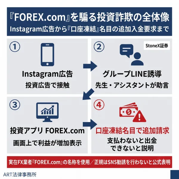 「FOREX.com（フォレックス・ドットコム）」を騙る投資詐欺の全体像のインフォグラフィック