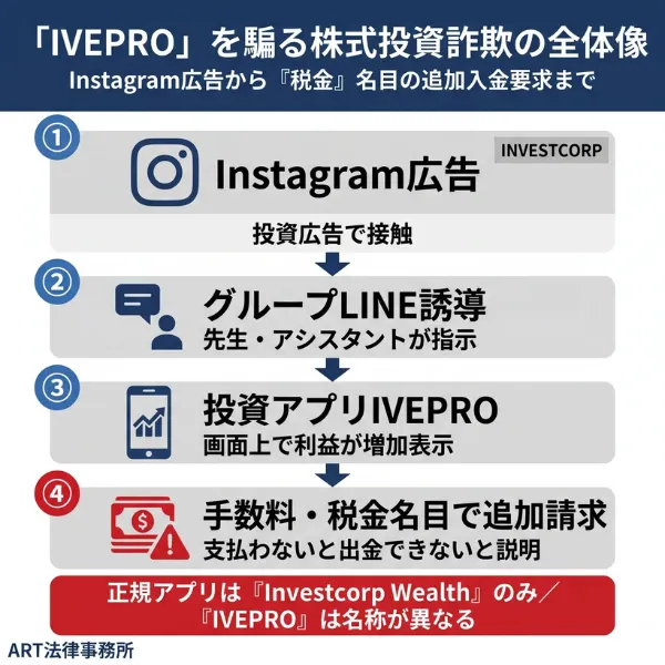 「IVEPRO（イブプロ）」を騙る株式投資詐欺（INVESTCORPなりすまし）の全体像のインフォグラフィック