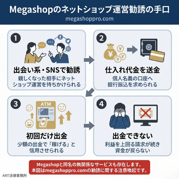 Megashopのネットショップ運営勧誘の手口の流れ