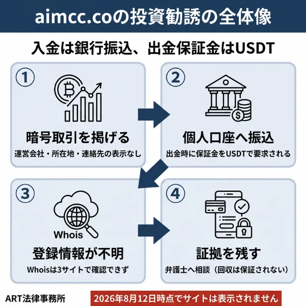 aimcc.coの投資詐欺の全体像を示すインフォグラフィック