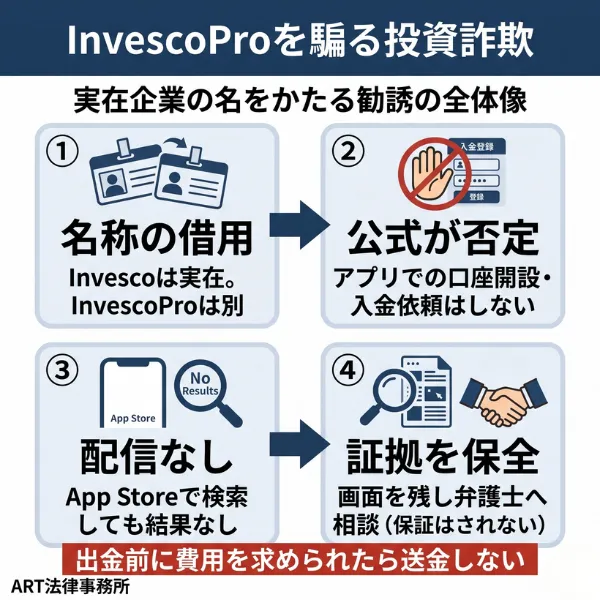 InvescoProを騙る投資詐欺の全体像を示すインフォグラフィック