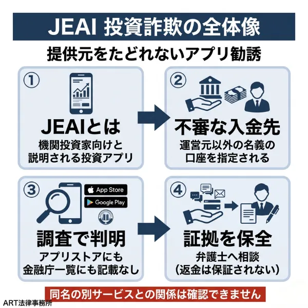 JEAIの投資詐欺の全体像を示すインフォグラフィック