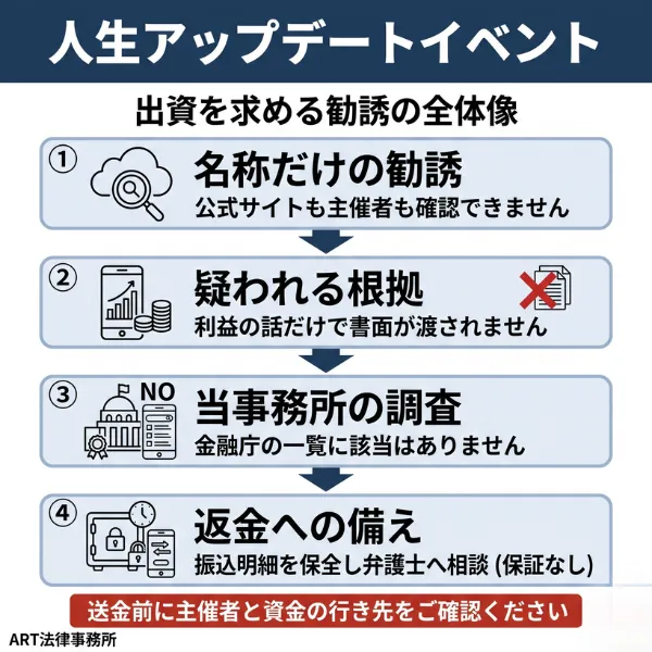 人生アップデートイベントの投資詐欺の全体像を示すインフォグラフィック