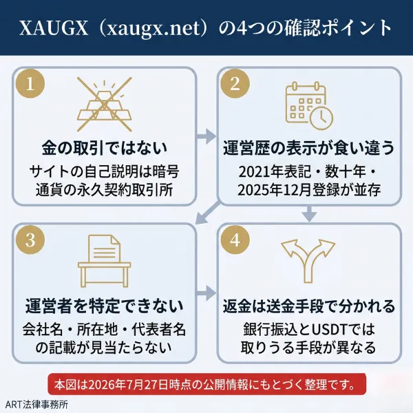 XAUGXの不審点と確認手順のまとめ図