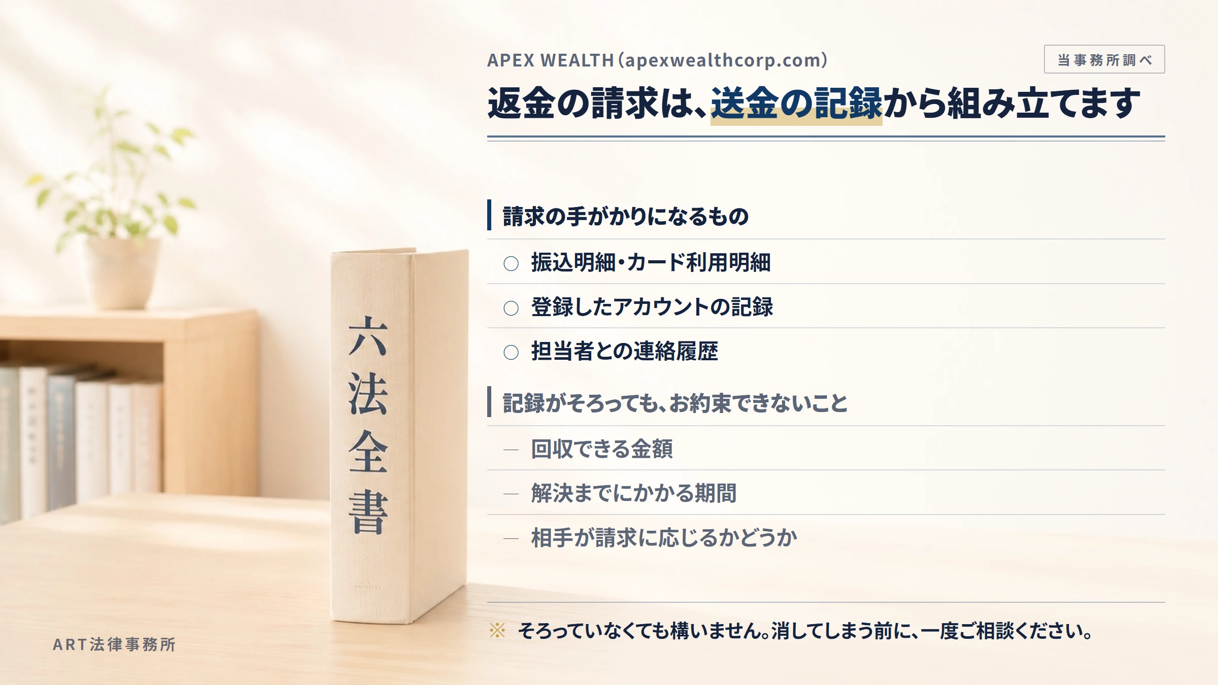 APEX WEALTH（apexwealthcorp.com）への返金請求で手がかりになるもの