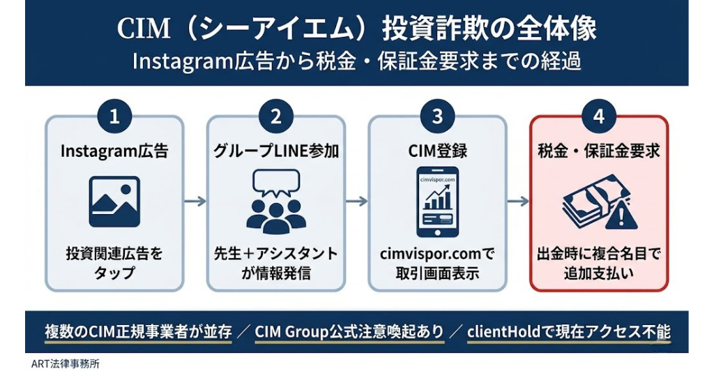 CIM（シーアイエム）投資詐欺の全体像のインフォグラフィック