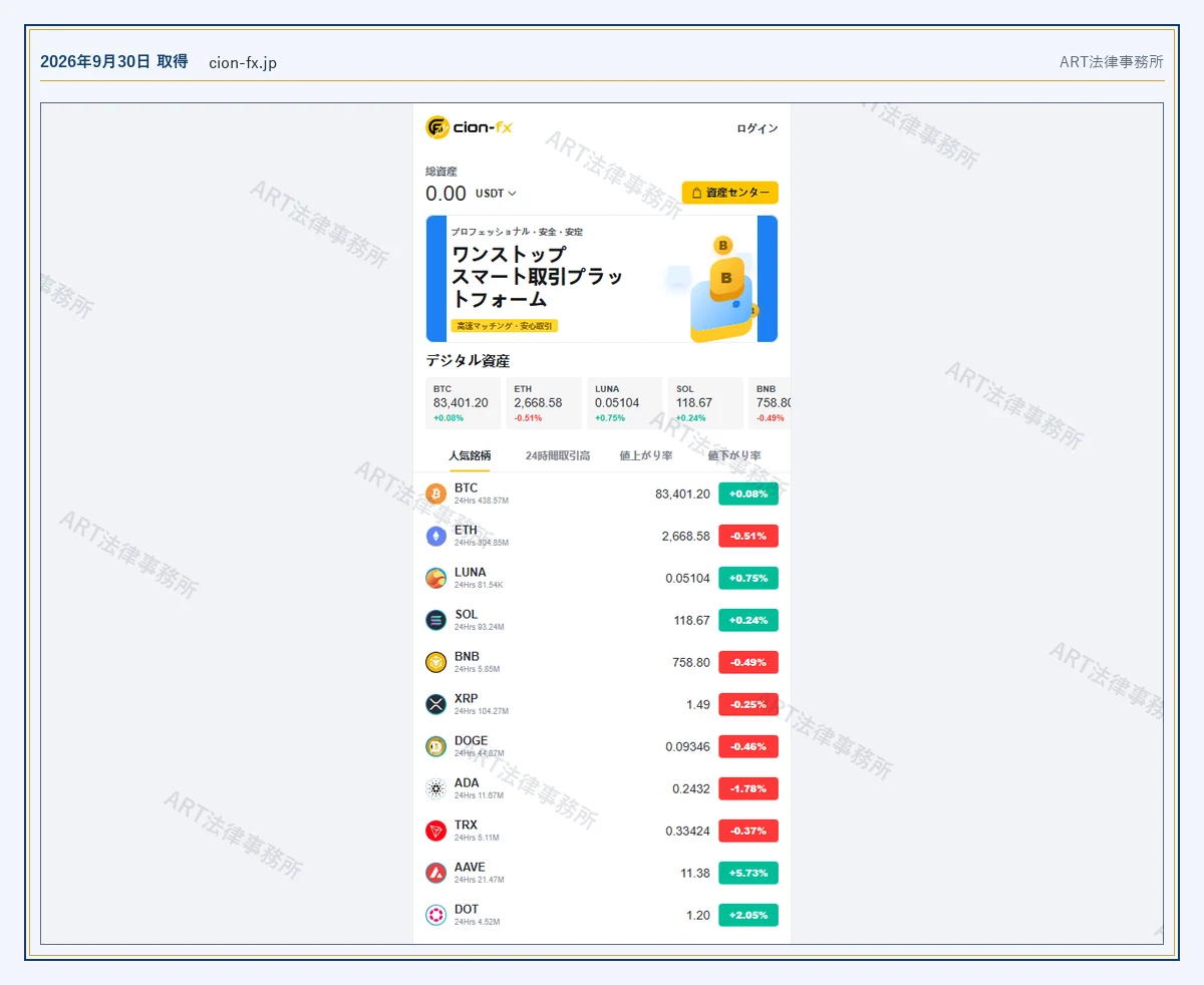 Cion-FX の表示内容（2026-09-30 時点）｜ART法律事務所が保全した資料