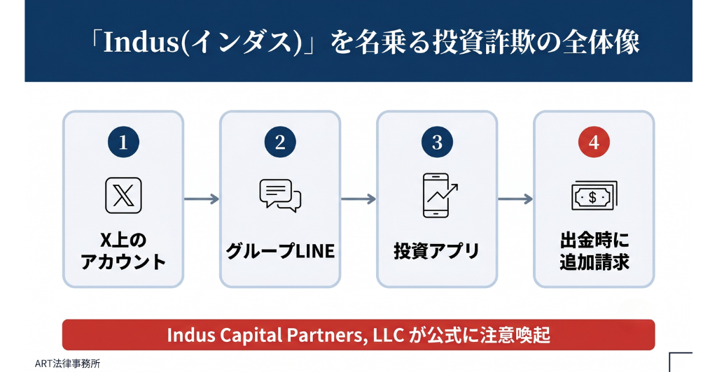 「Indus（インダス）」を名乗る株式投資詐欺の全体像のインフォグラフィック