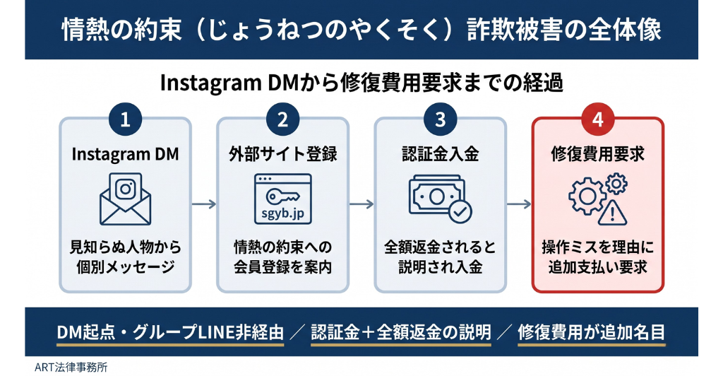 情熱の約束(じょうねつのやくそく)詐欺被害の全体像のインフォグラフィック
