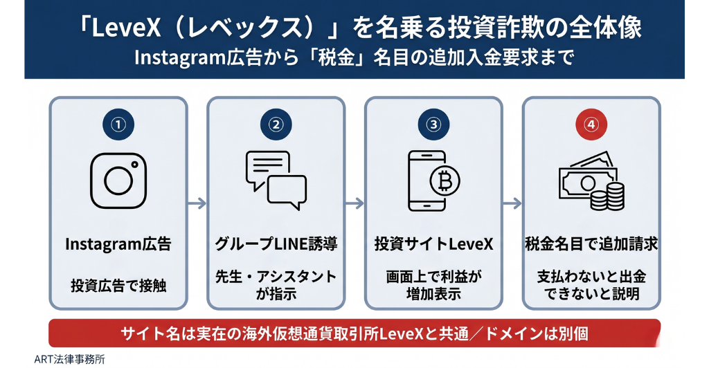 「LeveX（レベックス）」を名乗る投資詐欺の全体像のインフォグラフィック