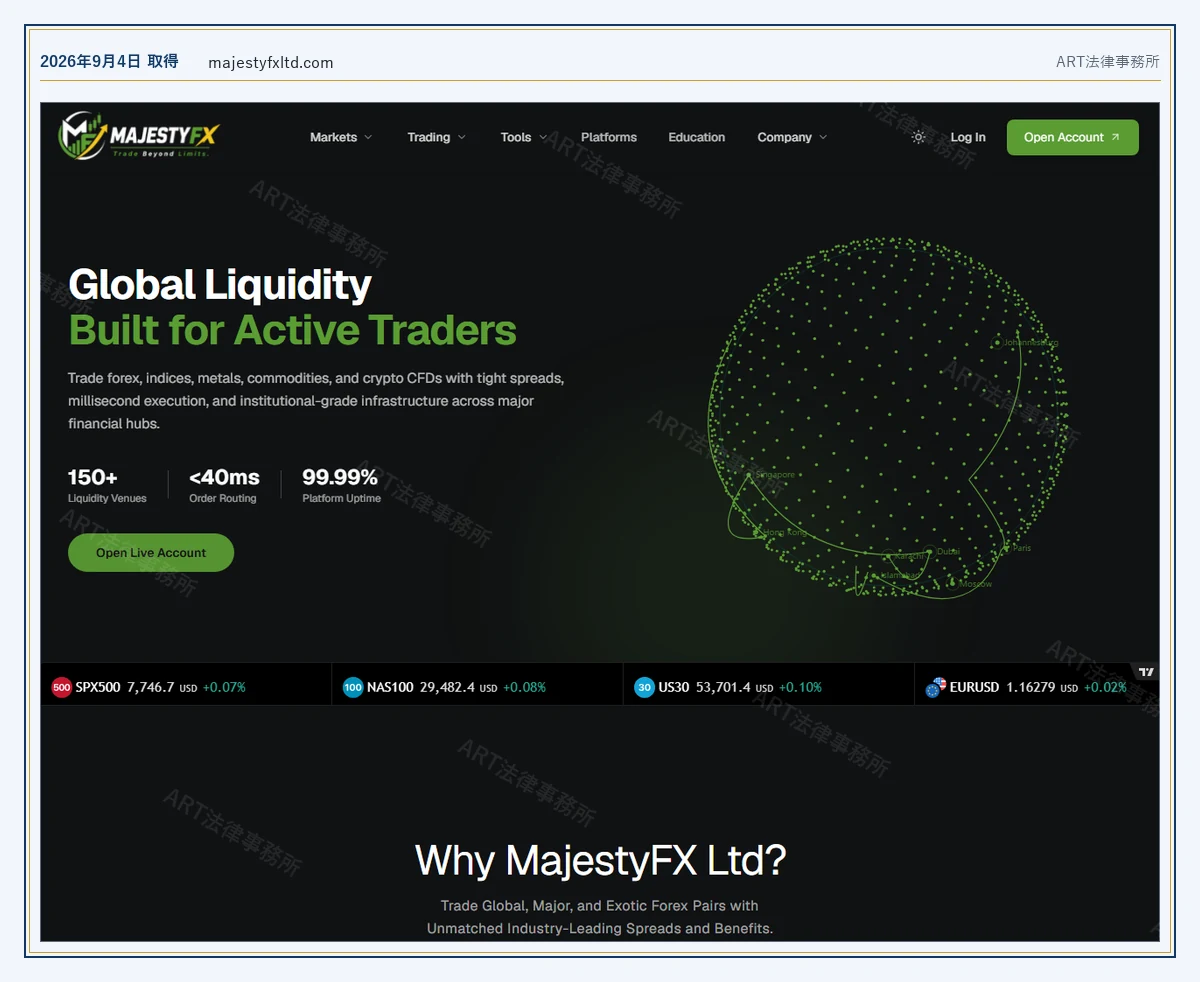 MajestyFX Ltd の表示内容（2026-09-04 時点）｜ART法律事務所が保全した資料