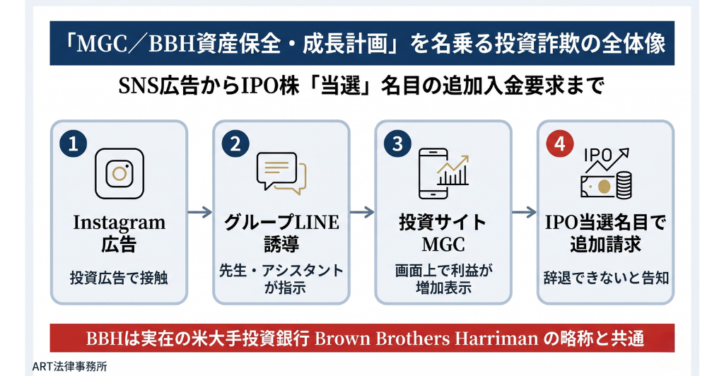 「MGC／BBH資産保全・成長計画」を名乗る株式投資詐欺の全体像のインフォグラフィック