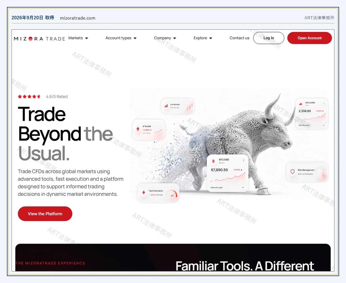 Mizora Trade（mizoratrade.com） の表示内容（2026-09-20 時点）｜ART法律事務所が保全した資料