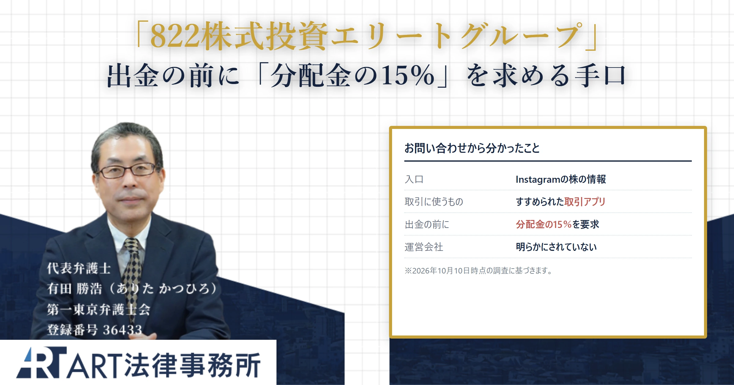 822株式投資エリートグループ｜ART法律事務所 の調査記録