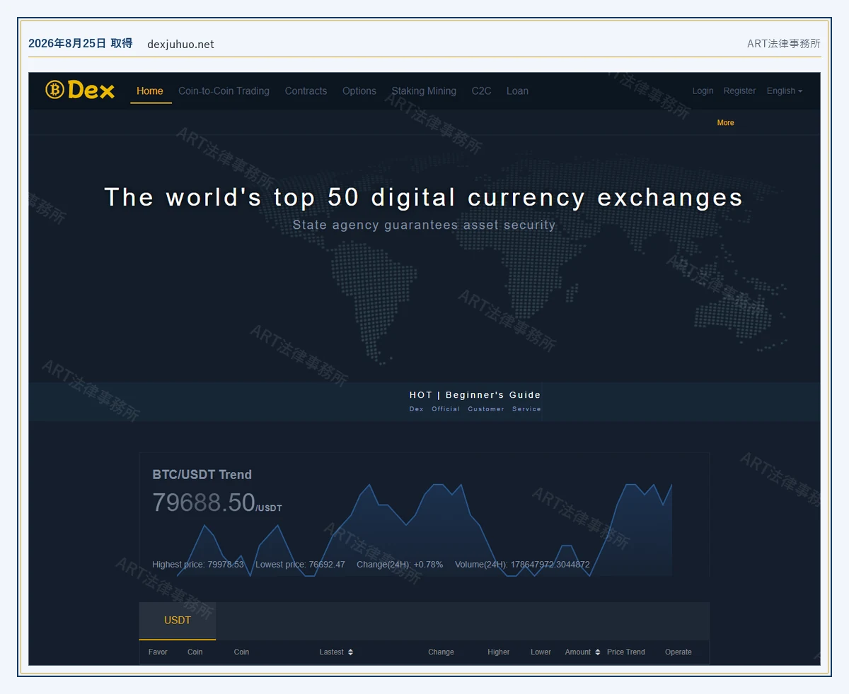 dexjuhuo.net の表示内容（2026-08-25 時点）｜ART法律事務所が保全した資料
